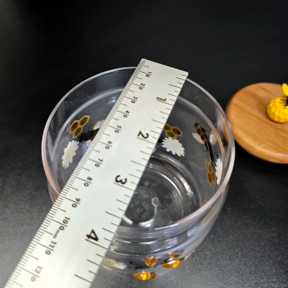 Honey Jar Small Clear Yellow Bee Daisy Glass Wood Lid Decor Cottagecore Honey